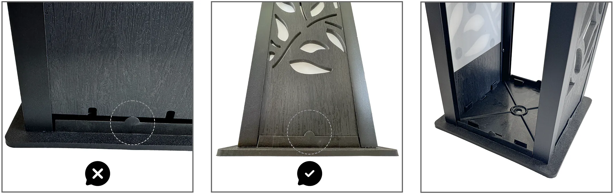 Slide the side panel until firmly seated on the base. Repeat for the opposite side panel