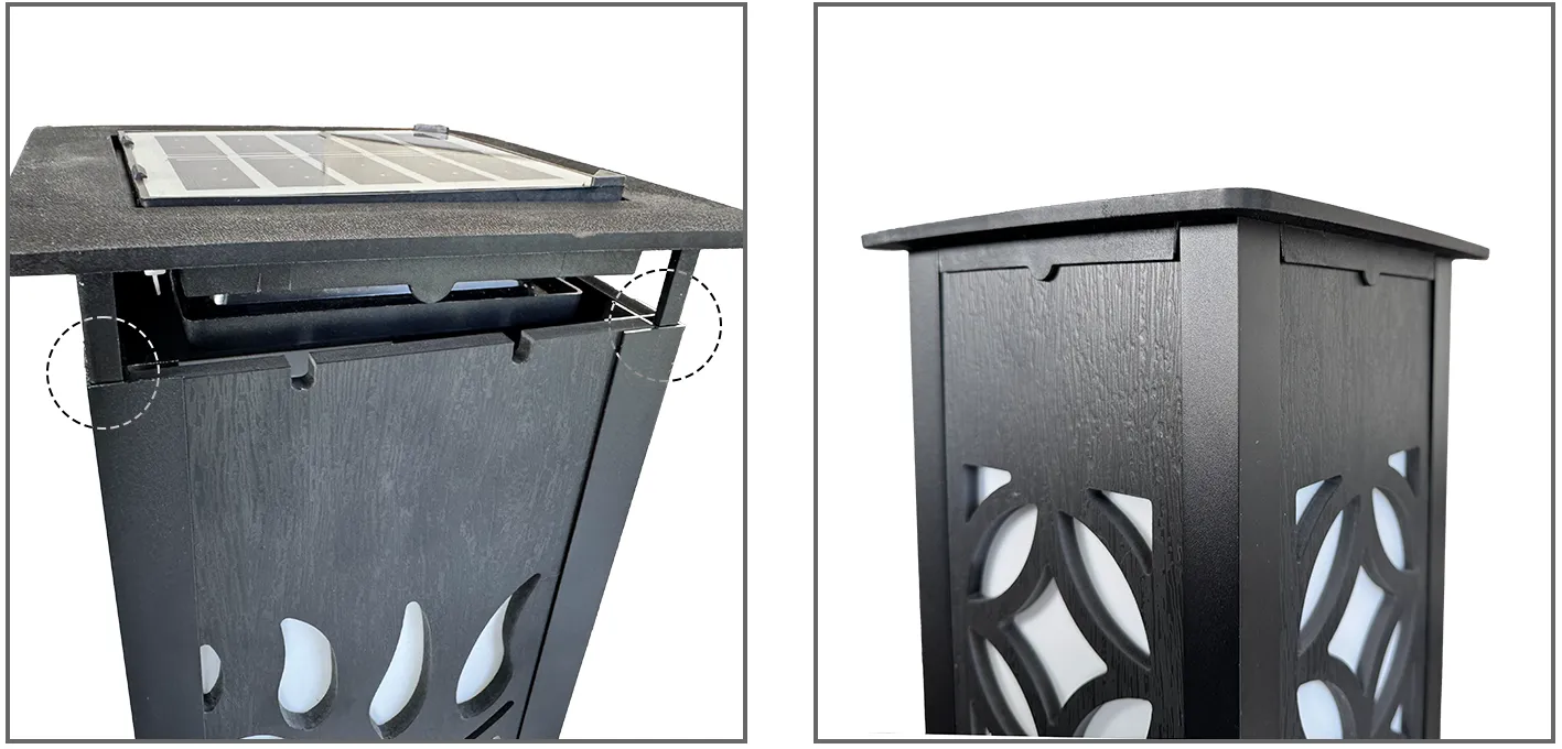 Attach top with solar light by guiding the tabs into the corners