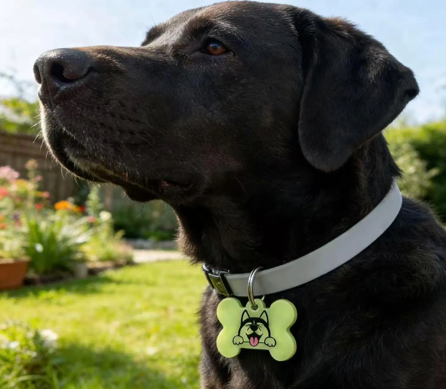 Black Labrador wearing glow collar and bone-shaped charm tag in daylight