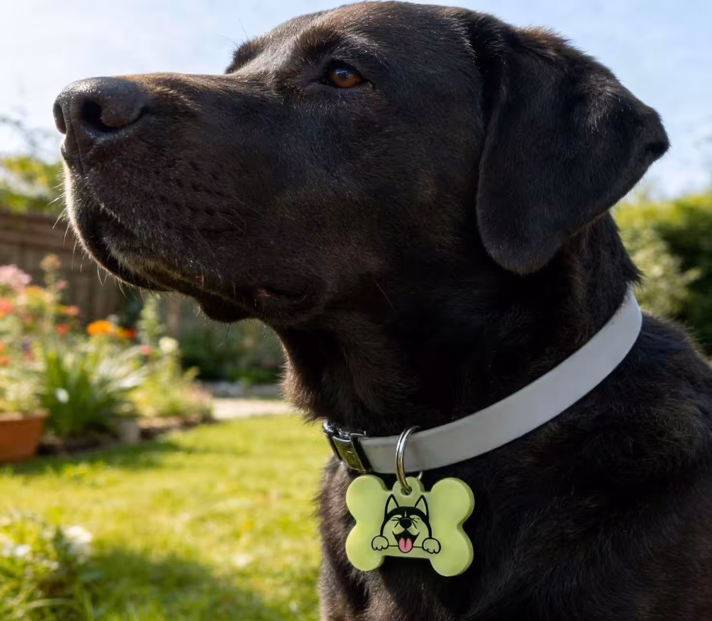 Dog wearing Nature's Lumen glow-in-the-dark collar and bone charm tag