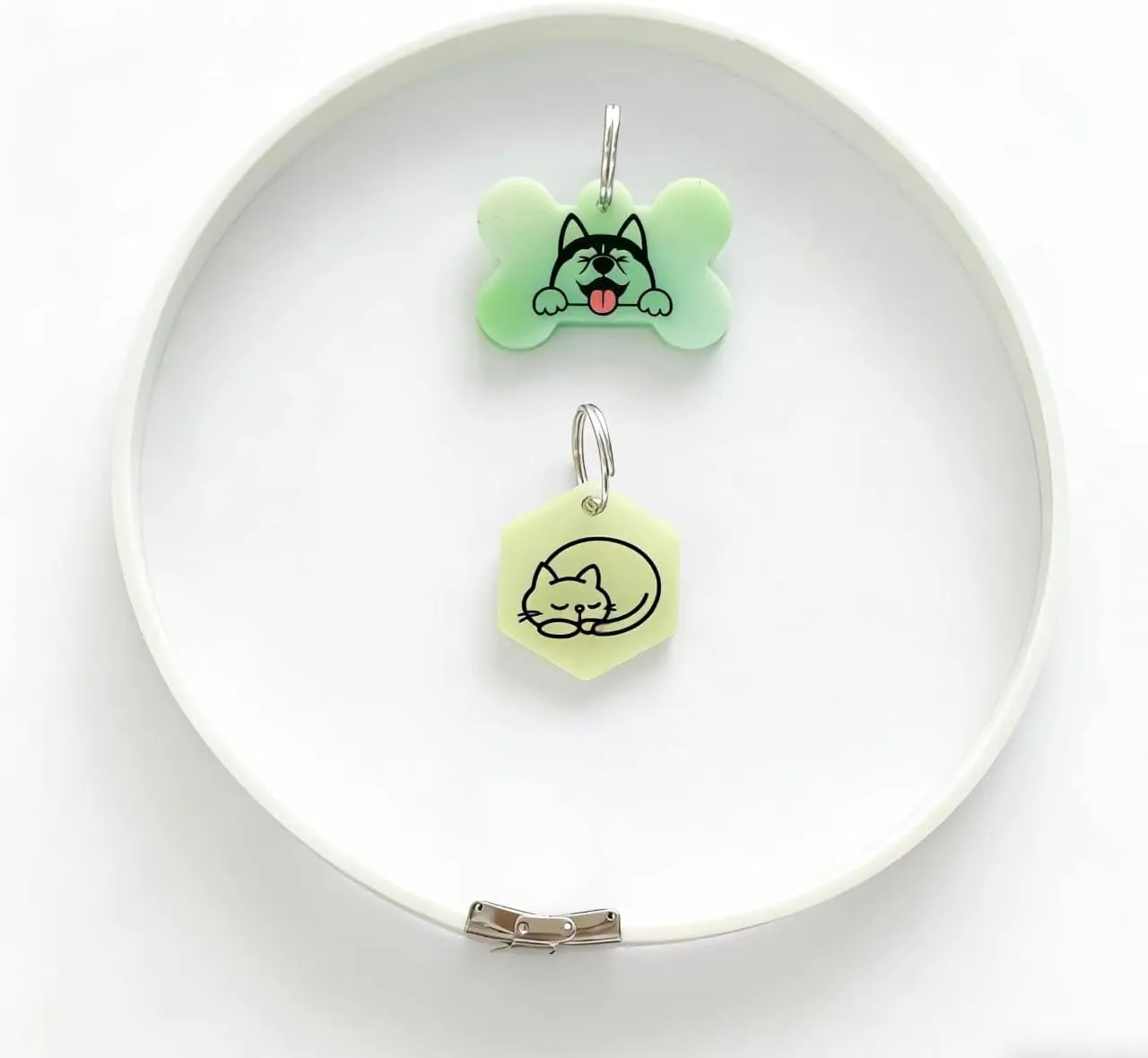 Bone-shaped dog charm and hexagonal cat charm tag in daylight