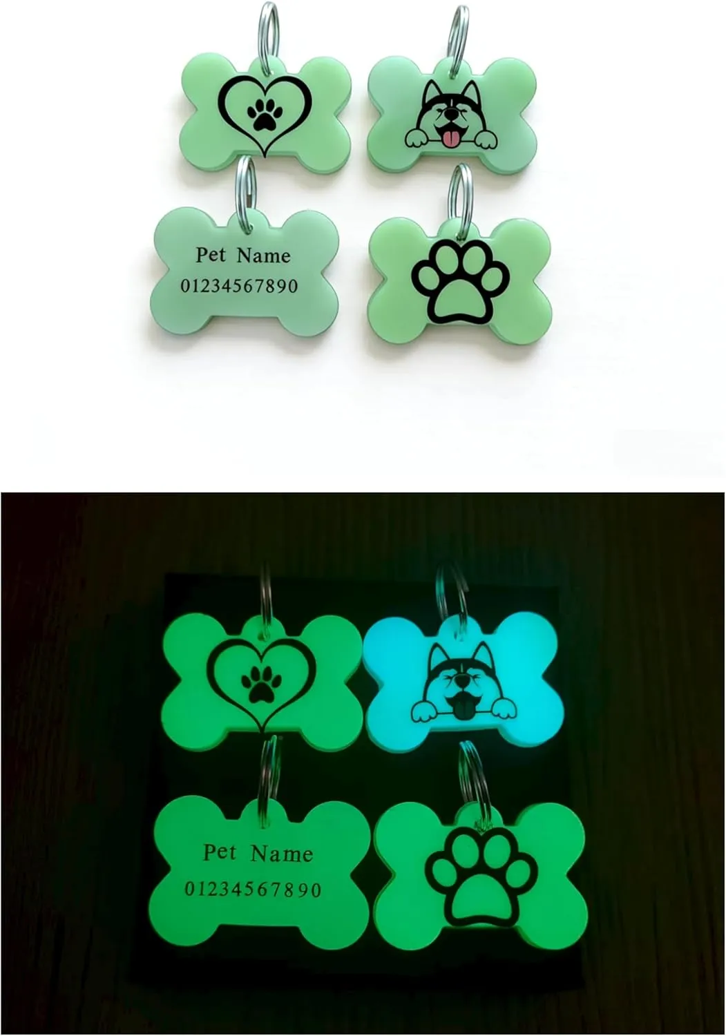 Four bone-shaped glow charm tags shown by day and night – heart, husky, name plate, paw designs