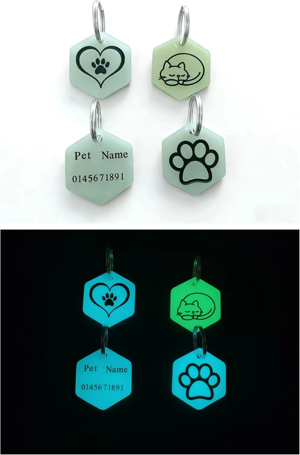 Four hexagonal glow charm tags shown by day and night – heart, cat, name plate, paw designs