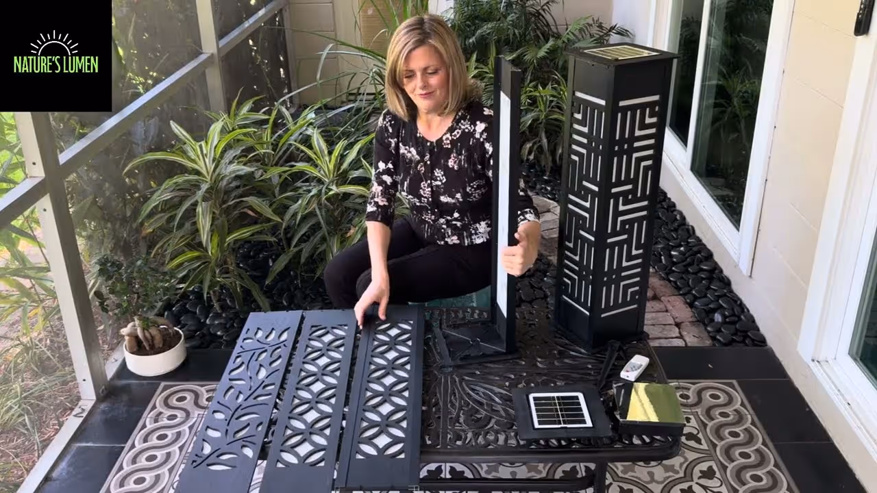 Woman sliding panel while assembling bollard light at table